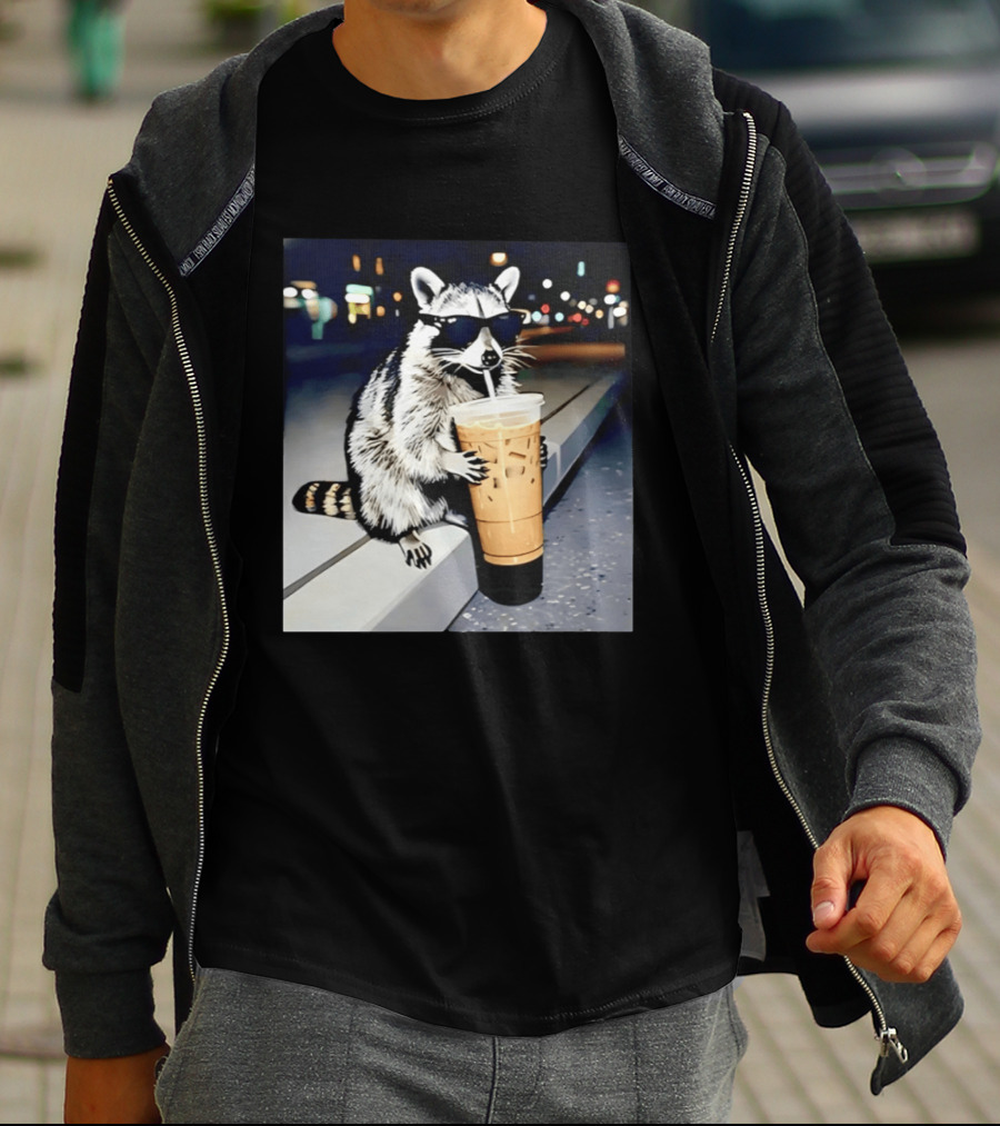 Raccoon Wearing Sunglasses Enjoying Iced Coffee Night Scene T-Shirt