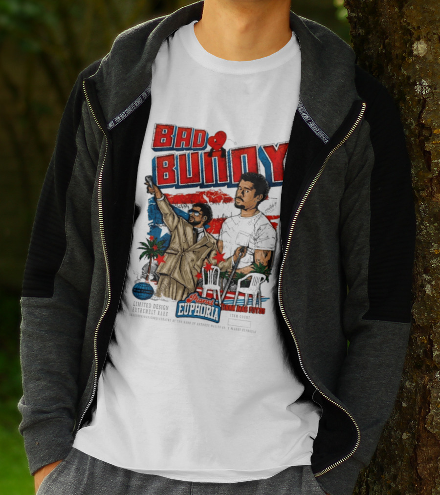 Bad Bunny Tirar Mas Fotos Planet Euphoria Palm Trees Chairs Red White Blue T-Shirt