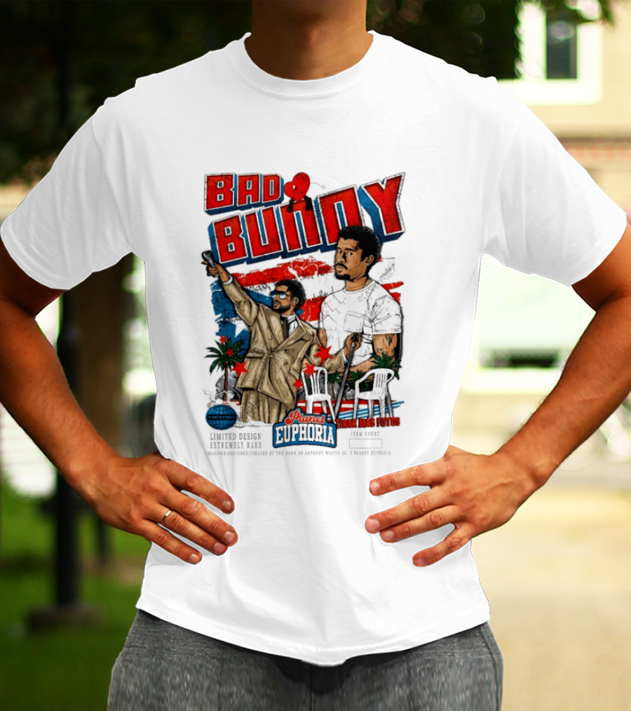 Bad Bunny Tirar Mas Fotos Planet Euphoria Palm Trees Chairs Red White Blue T-Shirt