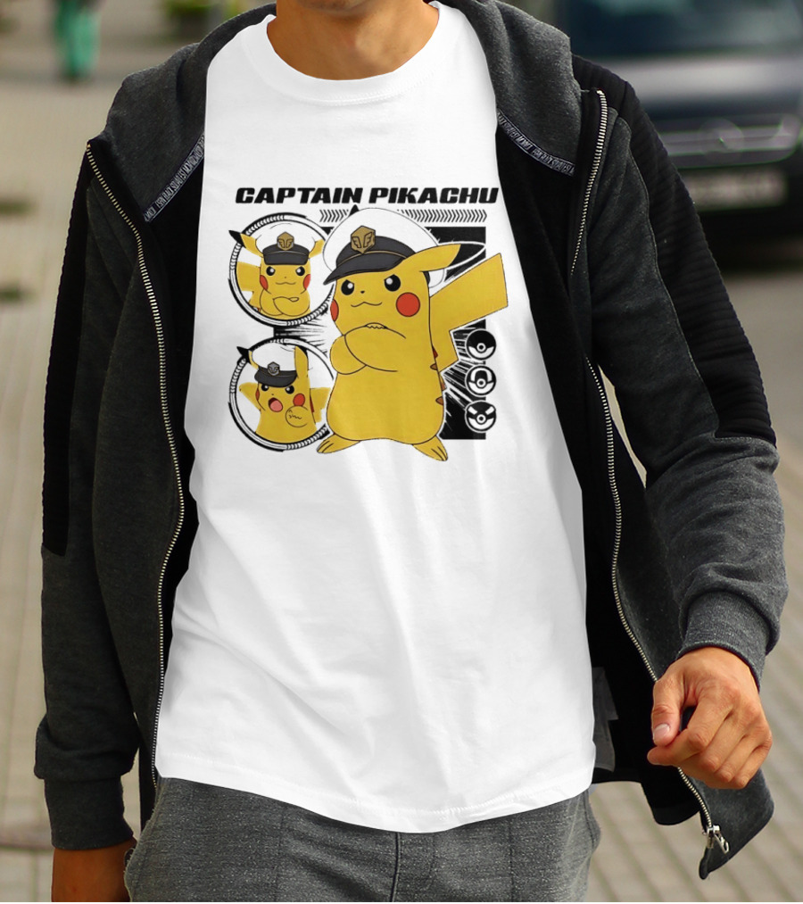 Captain Pikachu Cartoon Character With Hat And Expressions T-Shirt