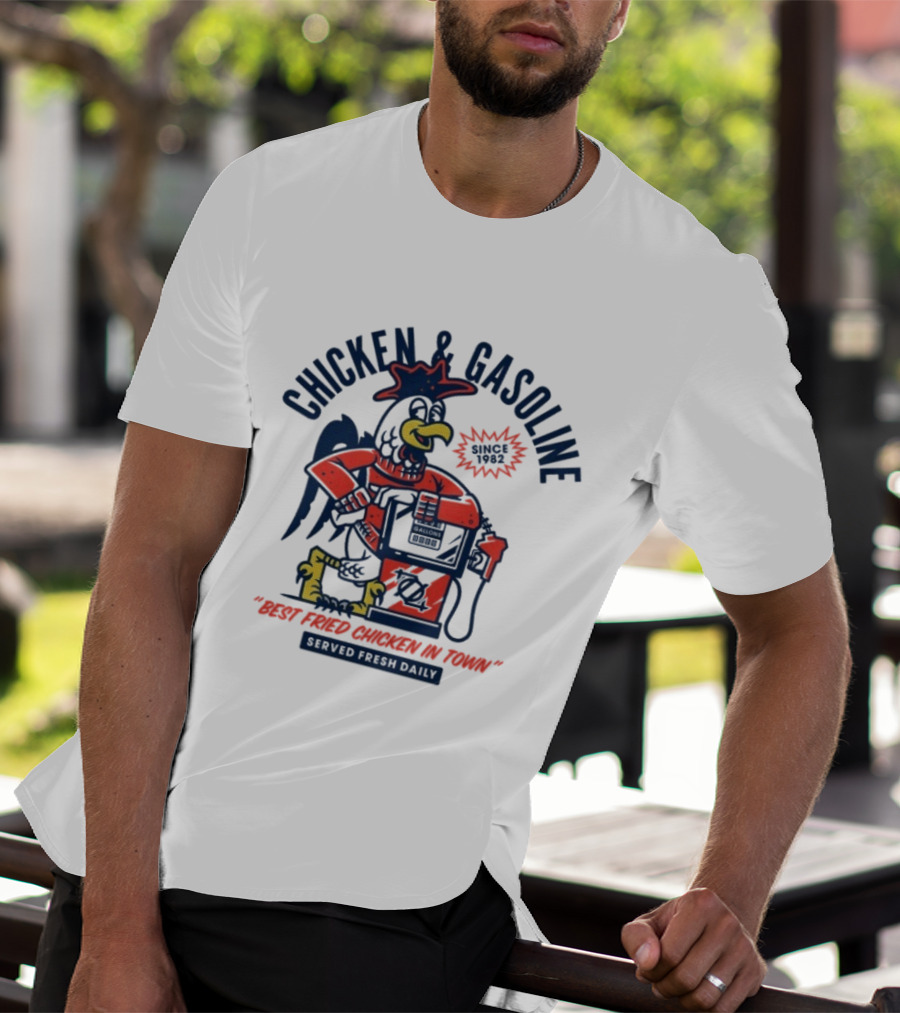 Chicken And Gasoline Best Fried Chicken In Town Since 1982 Retro Style Cartoon Rooster Pumping Gas T-Shirt