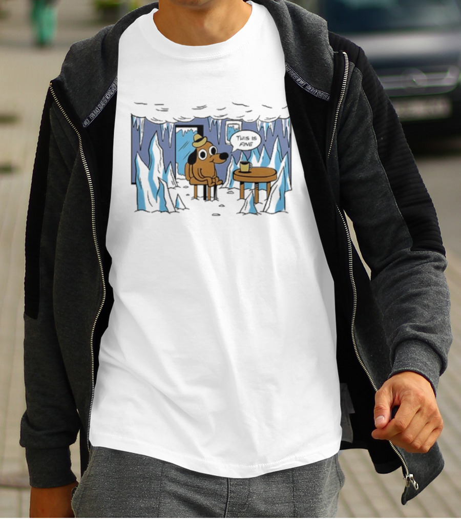 This Is Fine Dog Meme Frozen Everything Is Fine Ice Cave T-Shirt