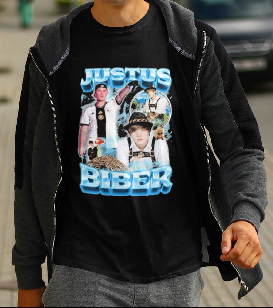 Justus Biber Justin Bieber Bavarian Inspired Collage Football Lederhosen T-Shirt