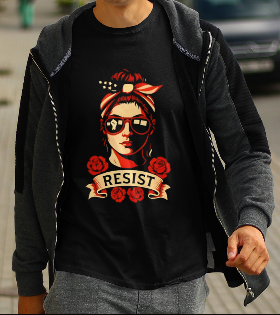 Patriotic Woman Resist American Flag Bandana And Glasses With Roses T-Shirt