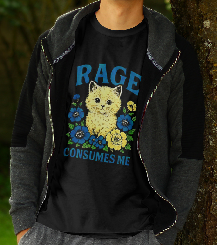 Rage Consumes Me Cat Surrounded By Blue And Yellow Flowers T-Shirt