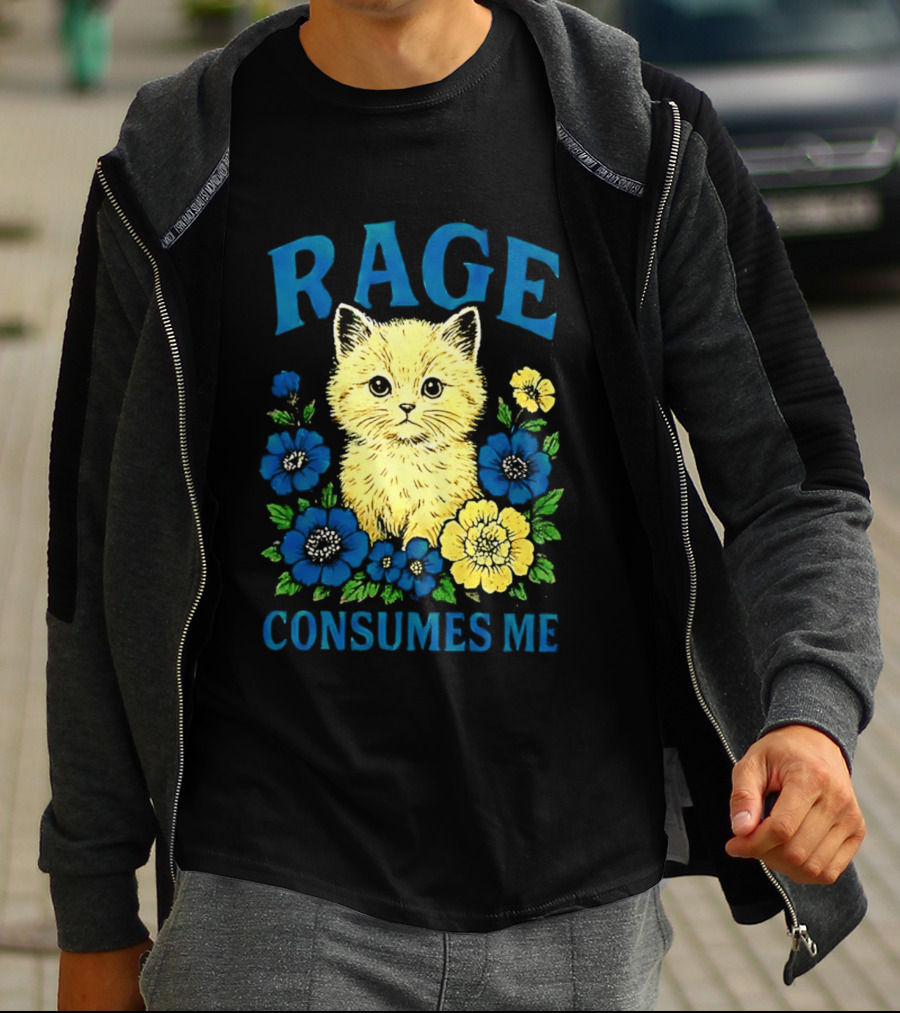 Rage Consumes Me Cat Surrounded By Blue And Yellow Flowers T-Shirt