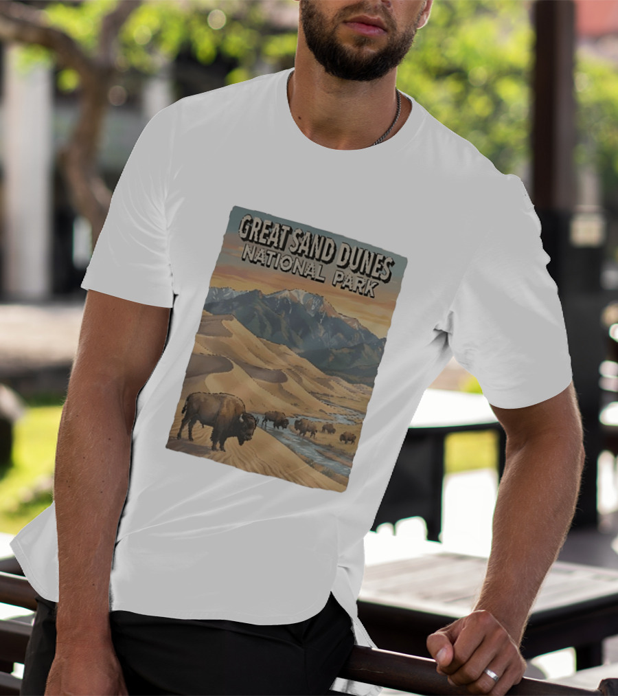 Great Sand Dunes National Park With Buffalo And Mountains Scene T-Shirt