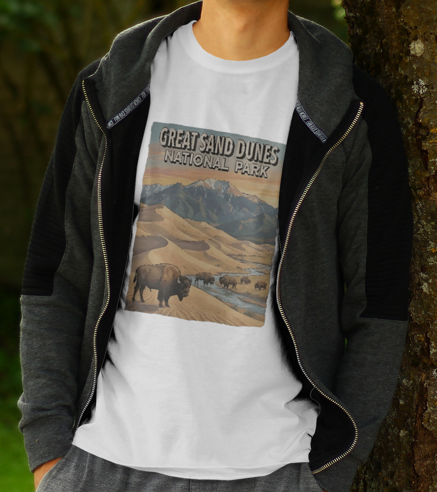 Great Sand Dunes National Park With Buffalo And Mountains Scene T-Shirt