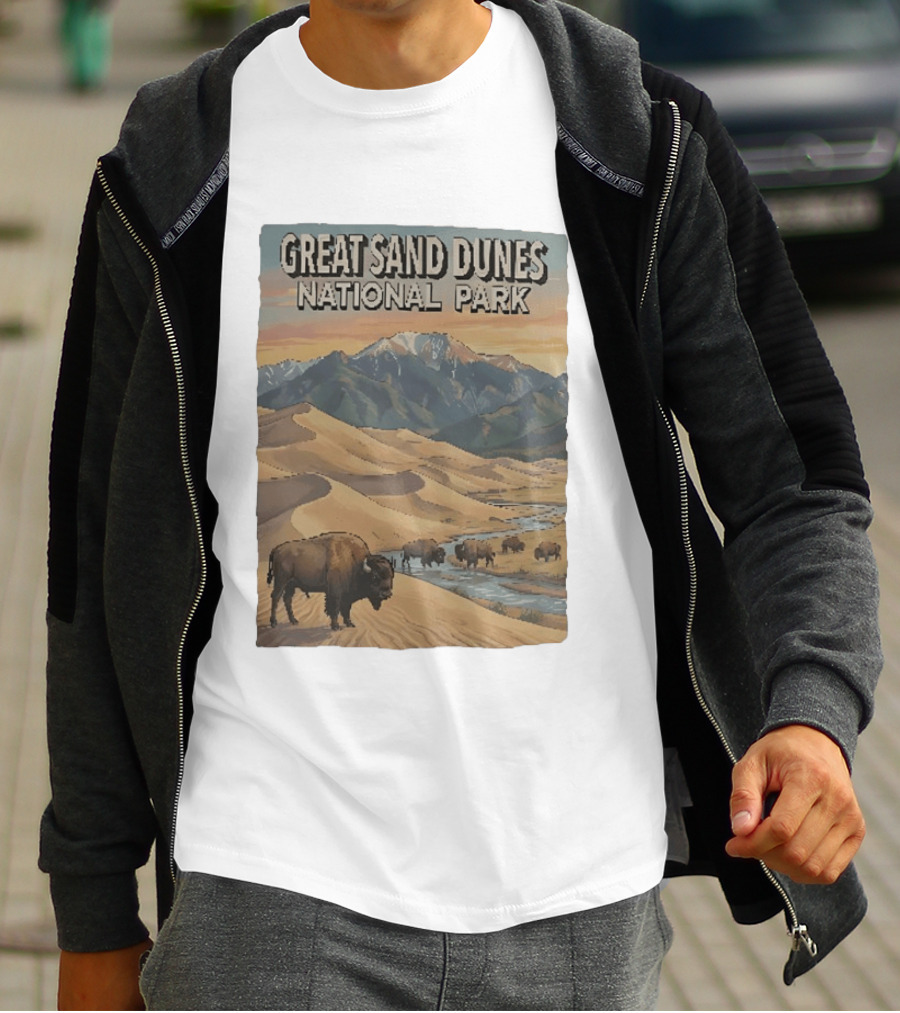Great Sand Dunes National Park With Buffalo And Mountains Scene T-Shirt