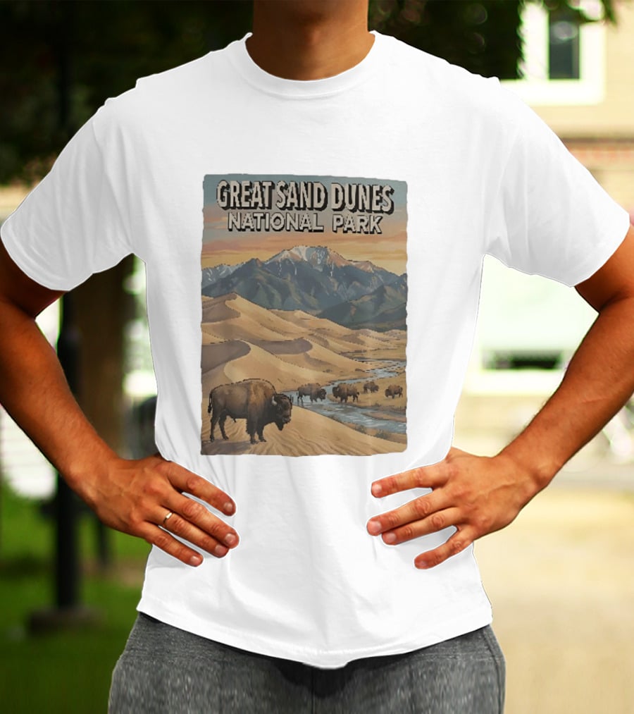Great Sand Dunes National Park With Buffalo And Mountains Scene T-Shirt