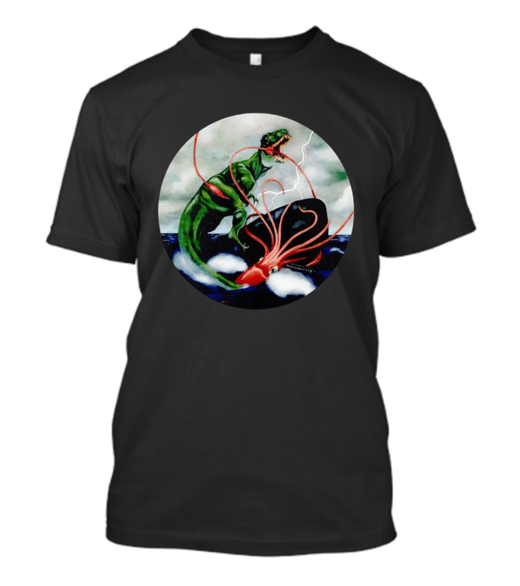 Dinosaur And Giant Squid Battle On Stormy Sea T-Shirt