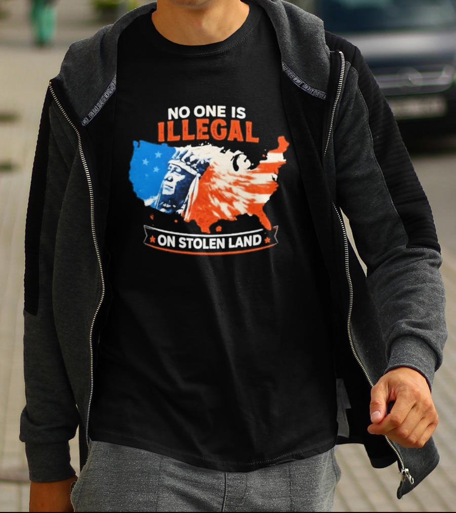 No One Is Illegal On Stolen Land USA Map Native American Headdress T-Shirt