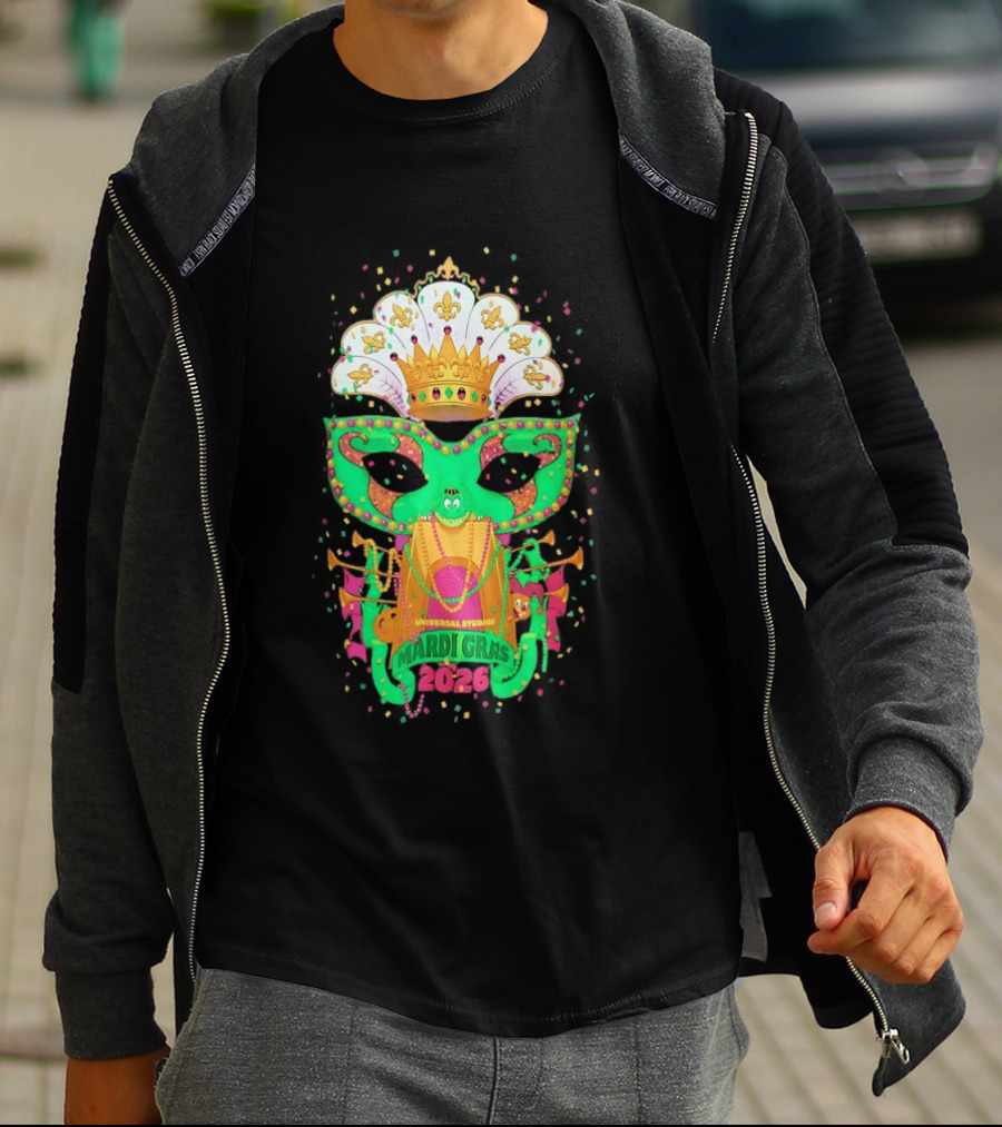 Universal Studios Mardi Gras 2026 Festive Mask And Crown Celebration T-Shirt