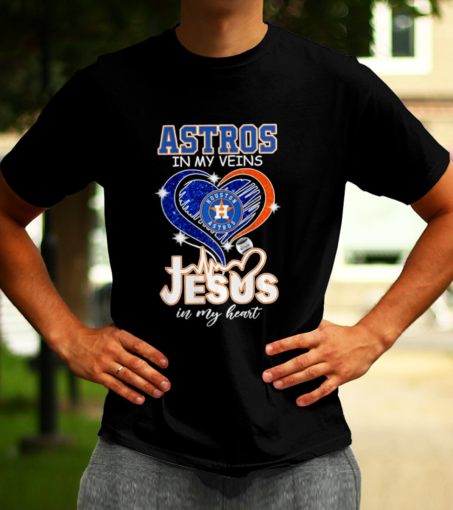 Houston Astros In My Veins Jesus In My Heart Heartbeat Diamond Shape T-Shirt