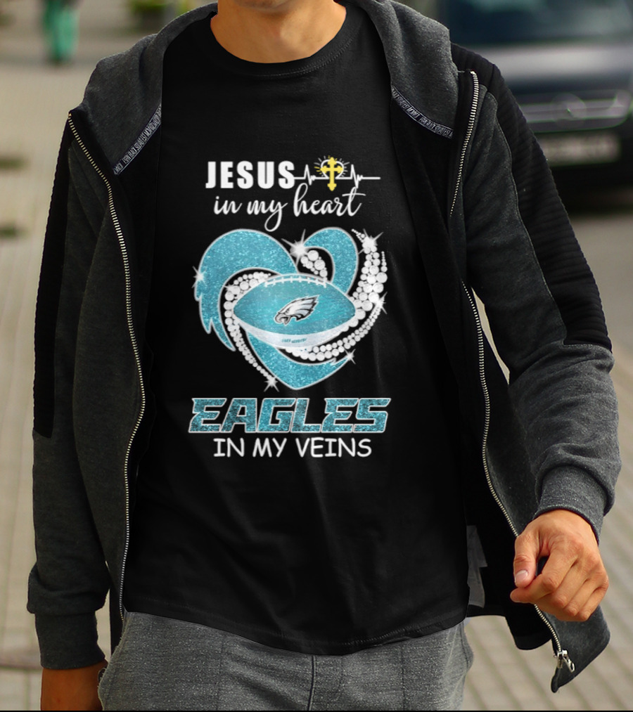 Jesus In My Heart Eagles In My Veins Diamond Heart Shape Football T-Shirt