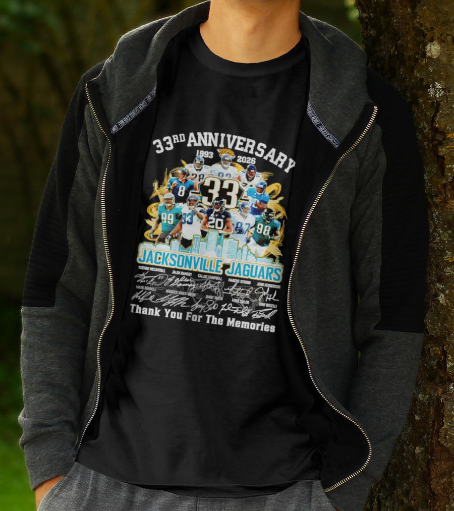 Jacksonville Jaguars 33rd Anniversary Players Collage City Skyline T-Shirt