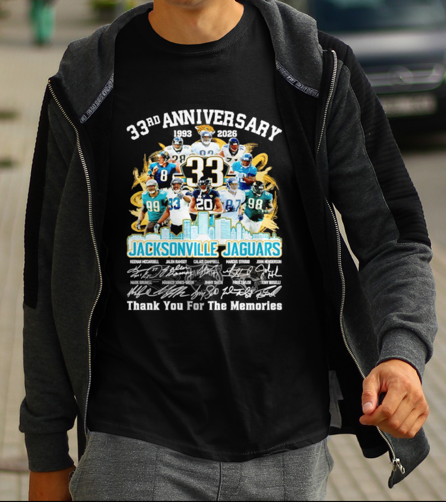 Jacksonville Jaguars 33rd Anniversary Players Collage City Skyline T-Shirt