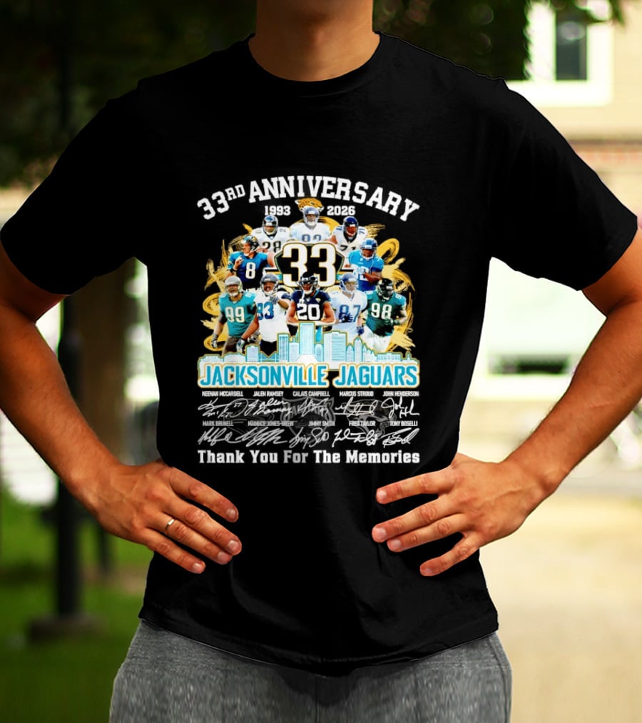 Jacksonville Jaguars 33rd Anniversary Players Collage City Skyline T-Shirt
