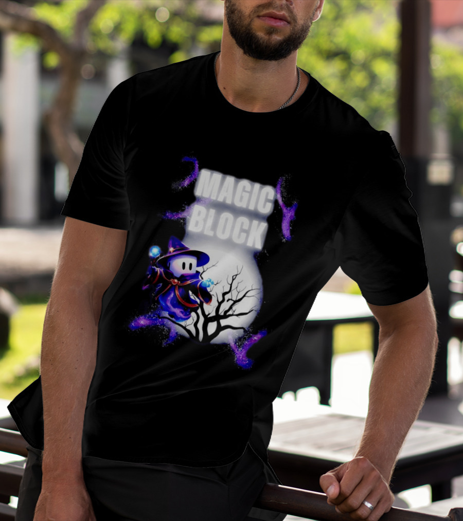 Magic Block Wizard With Glowing Orbs And Mystical Tree T-Shirt