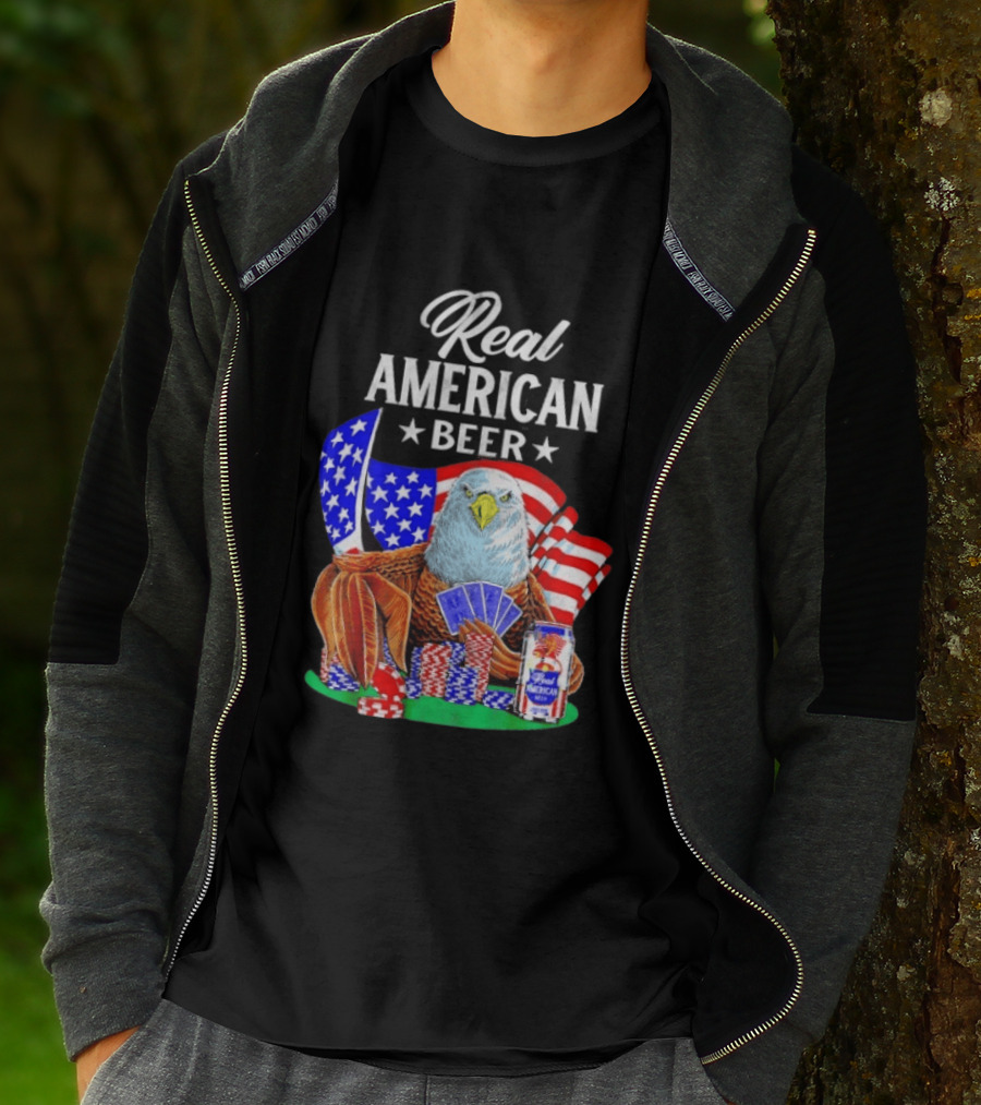 Real American Eagle Poker With Beer And Flag T-Shirt