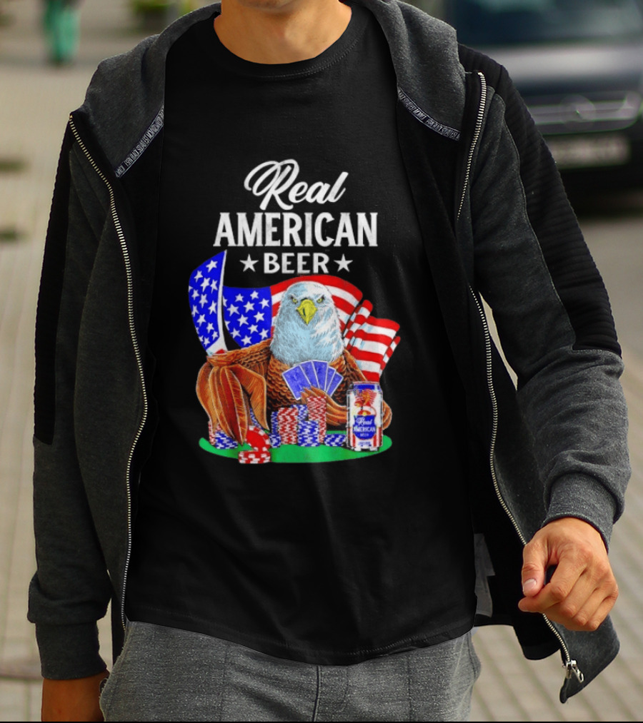 Real American Eagle Poker With Beer And Flag T-Shirt