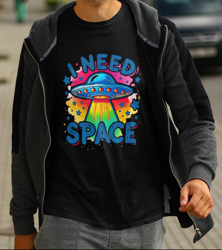 UFO I Need Space Colorful Alien Spaceship Retro Stars T-Shirt