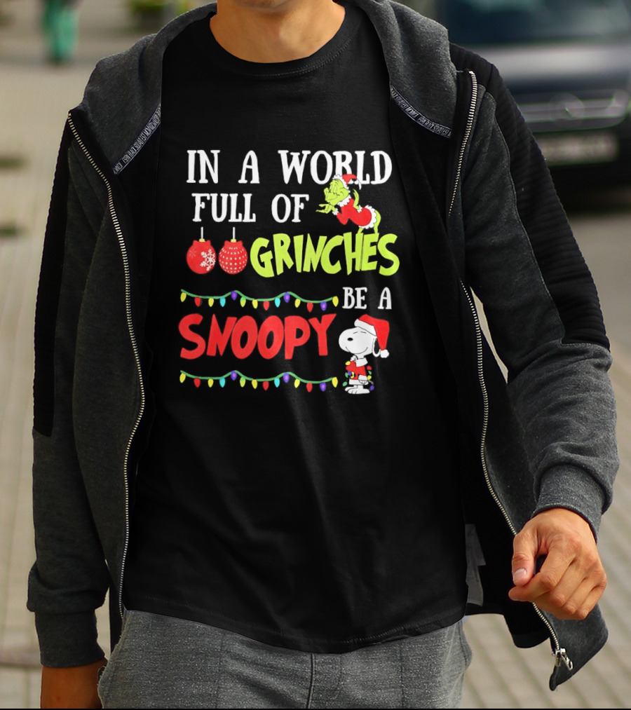In A World Full Of Grinches Be A Snoopy Holiday Lights Santa Suit T-Shirt