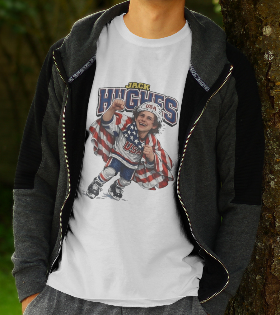 Jack Hughes USA Hockey Caricature American Flag T-Shirt