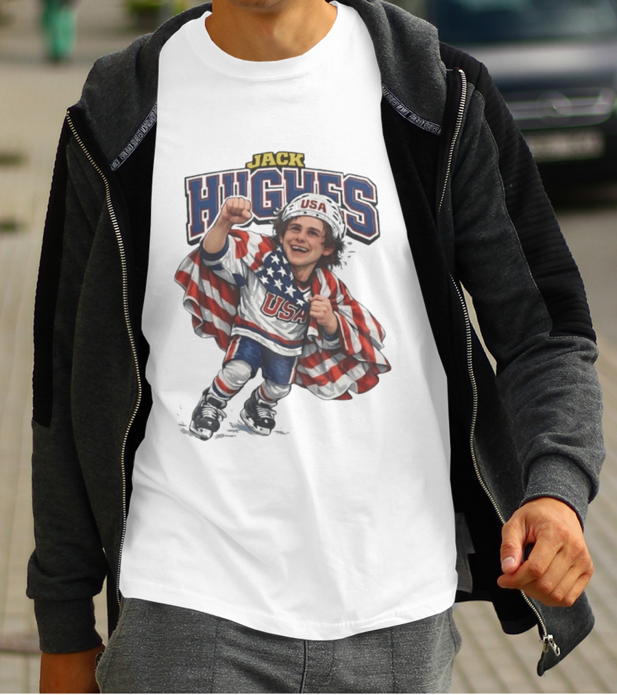 Jack Hughes USA Hockey Caricature American Flag T-Shirt