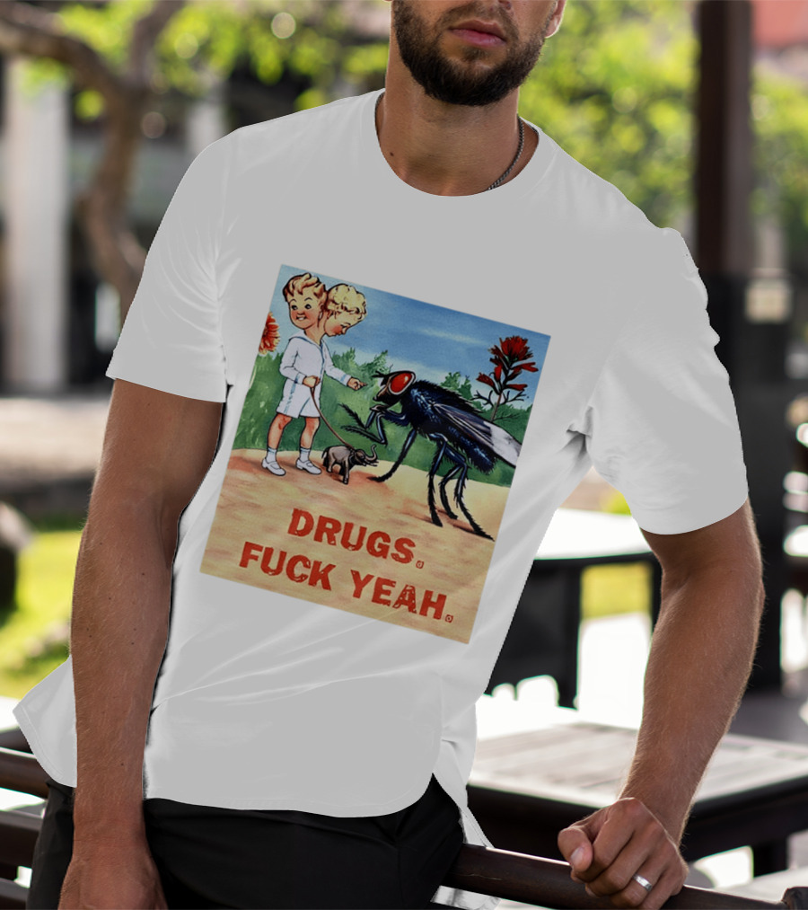 DRUGS FUCK YEAH Retro Cartoon Big Fly Tiny Elephant T-Shirt
