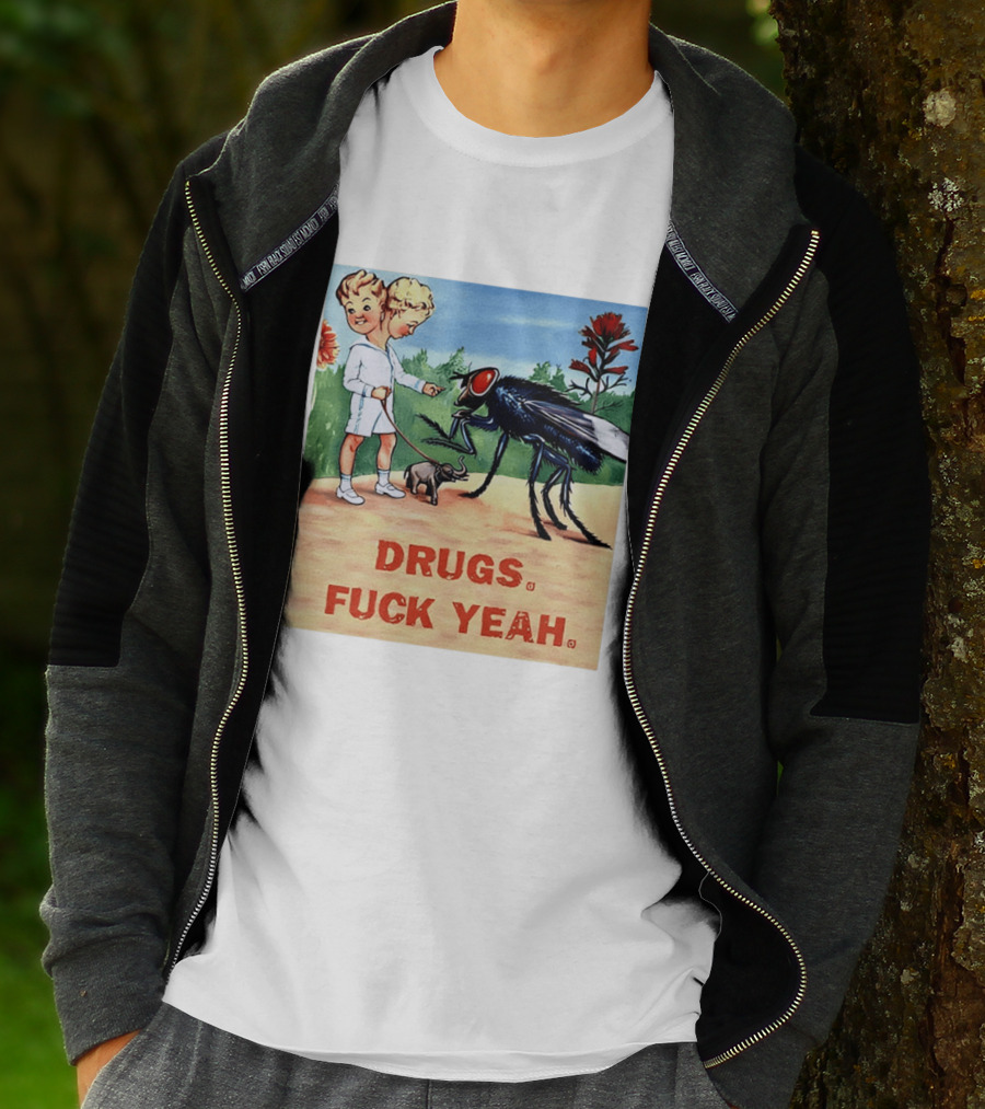 DRUGS FUCK YEAH Retro Cartoon Big Fly Tiny Elephant T-Shirt