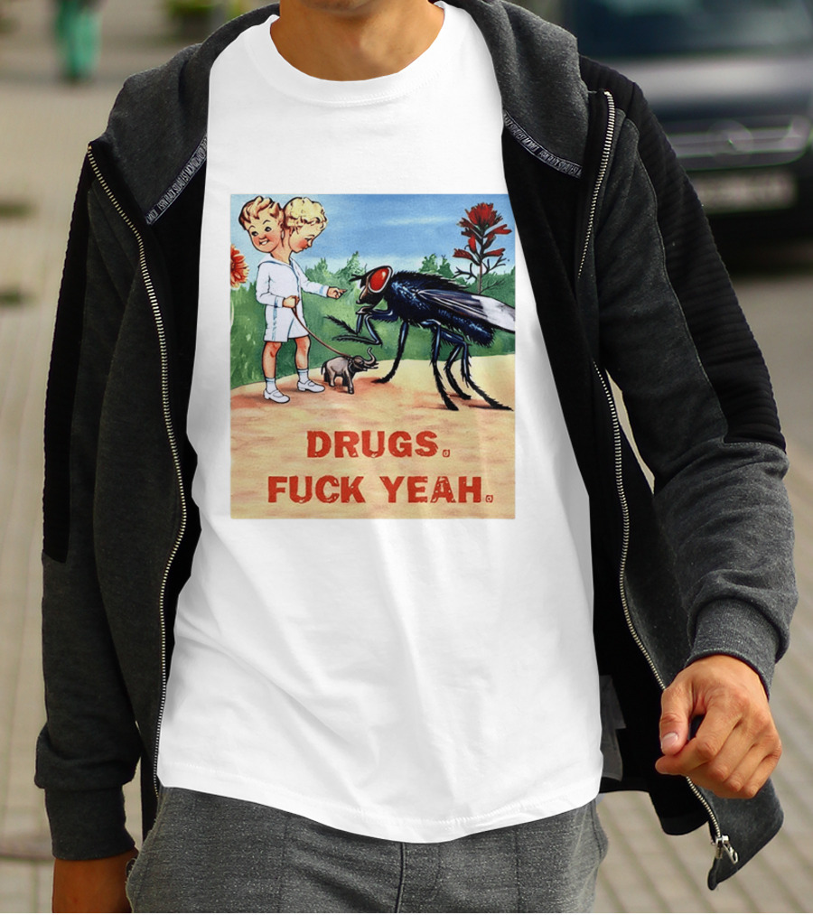 DRUGS FUCK YEAH Retro Cartoon Big Fly Tiny Elephant T-Shirt