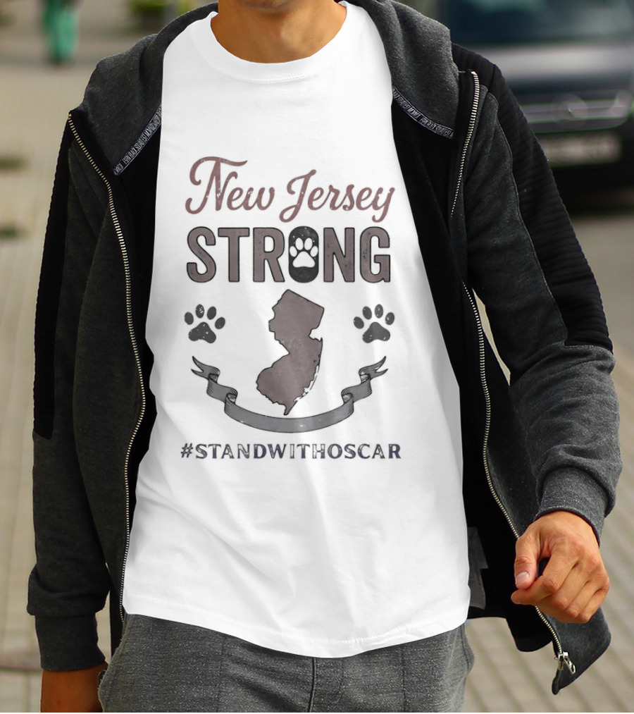 New Jersey Strong Stand With Oscar Support Hashtag Paw Print Map T-Shirt