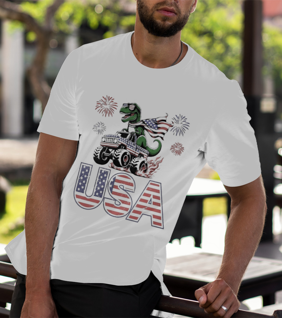 USA Independence Day 4th Of July Rex Monster Truck Fireworks American Flag T-Shirt