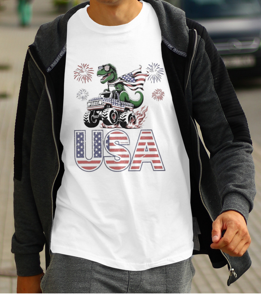 USA Independence Day 4th Of July Rex Monster Truck Fireworks American Flag T-Shirt
