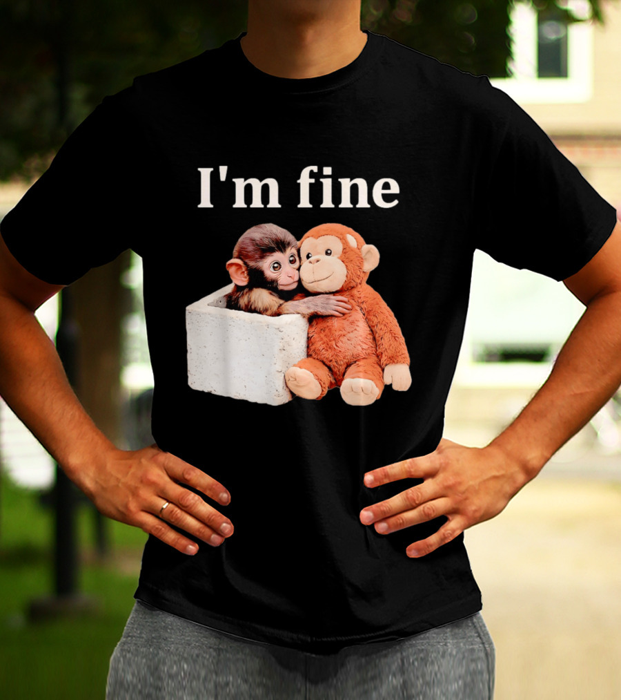 Sad Monkey Hugging Orange Toy With I'm Fine T-Shirt