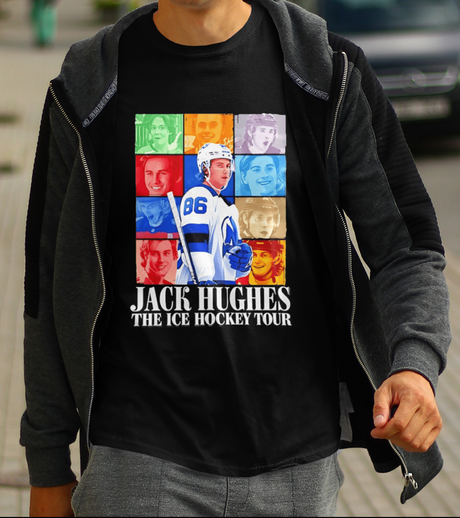 Jack Hughes 86 The Ice Hockey Tour Colorful Portrait Compilation T-Shirt