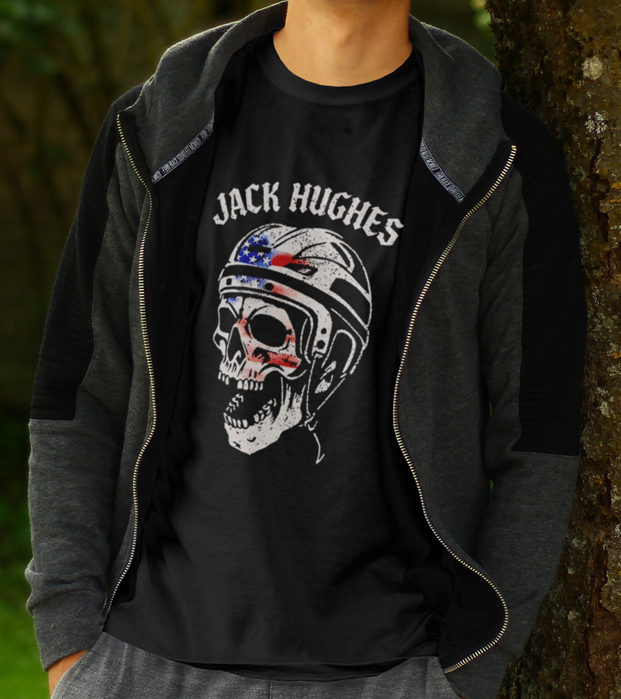 Jack Hughes USA Flag Skull Hockey Helmet T-Shirt