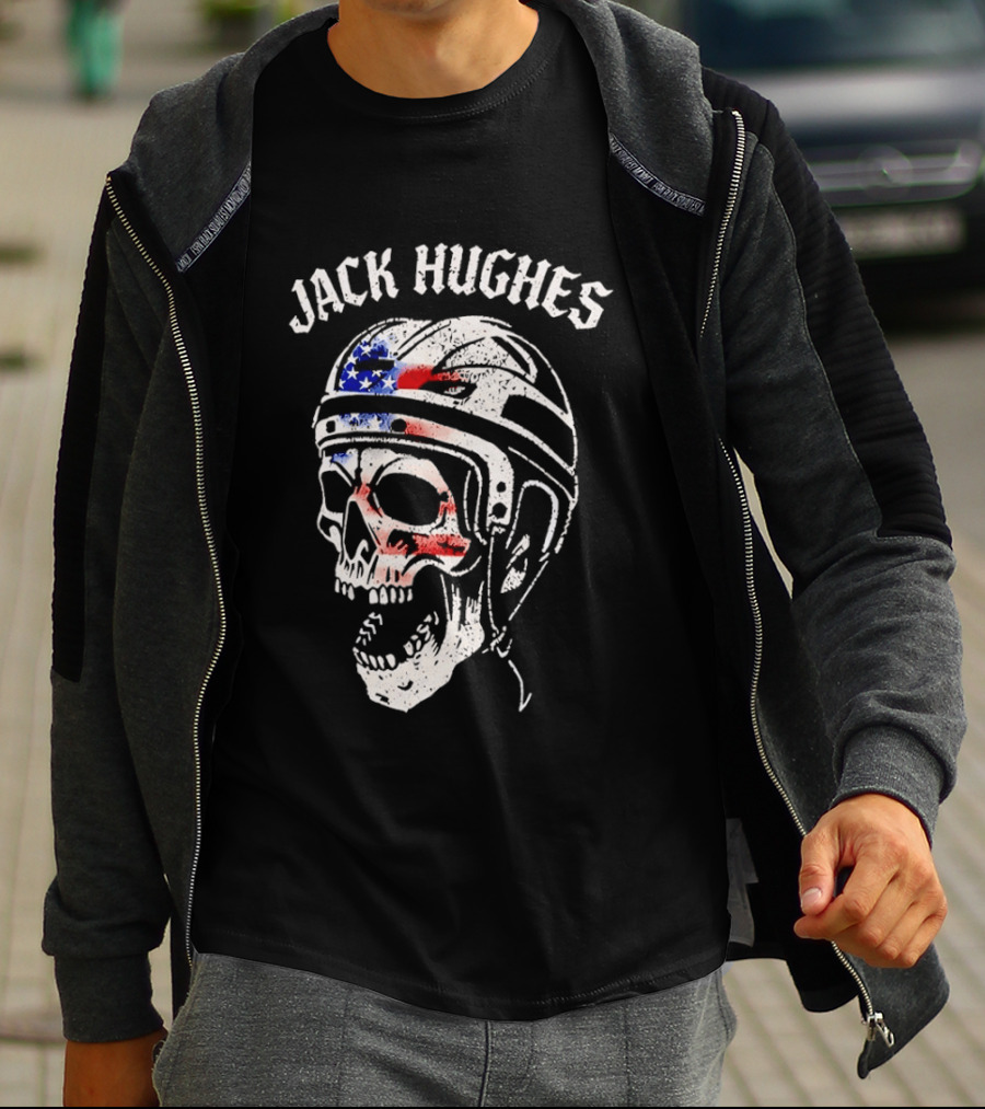 Jack Hughes USA Flag Skull Hockey Helmet T-Shirt