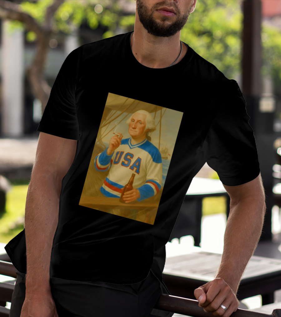 USA Hockey Jersey Wearing George Washington Smoking Holding Beer T-Shirt