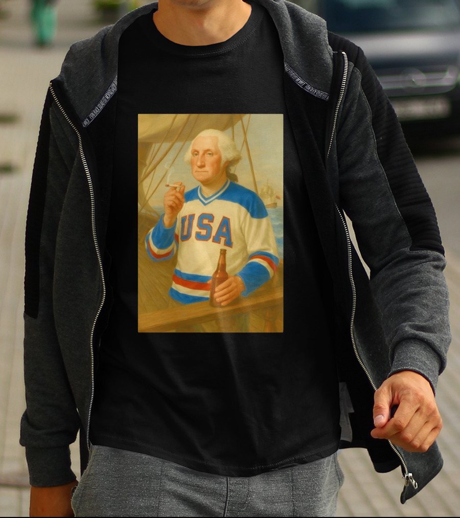 USA Hockey Jersey Wearing George Washington Smoking Holding Beer T-Shirt