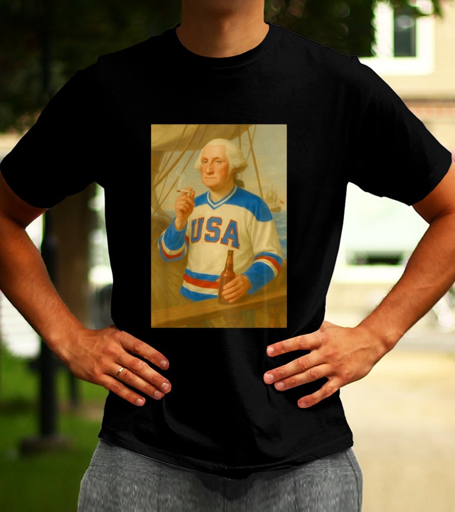 USA Hockey Jersey Wearing George Washington Smoking Holding Beer T-Shirt