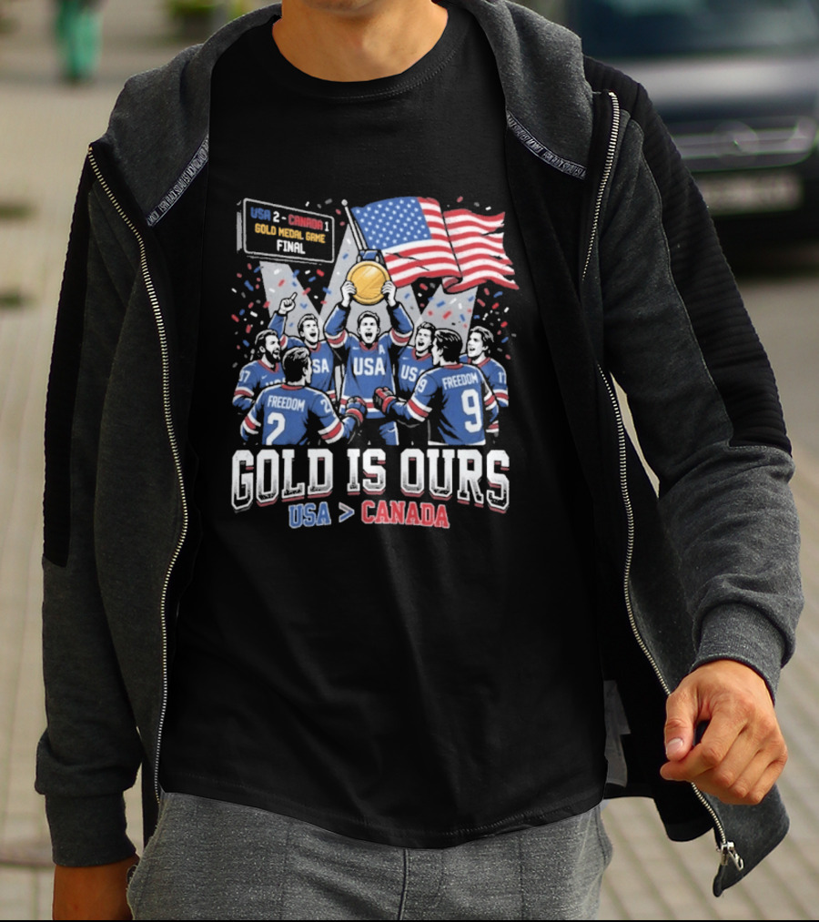 USA Hockey Victory Celebration Gold Medal Game USA Over Canada T-Shirt
