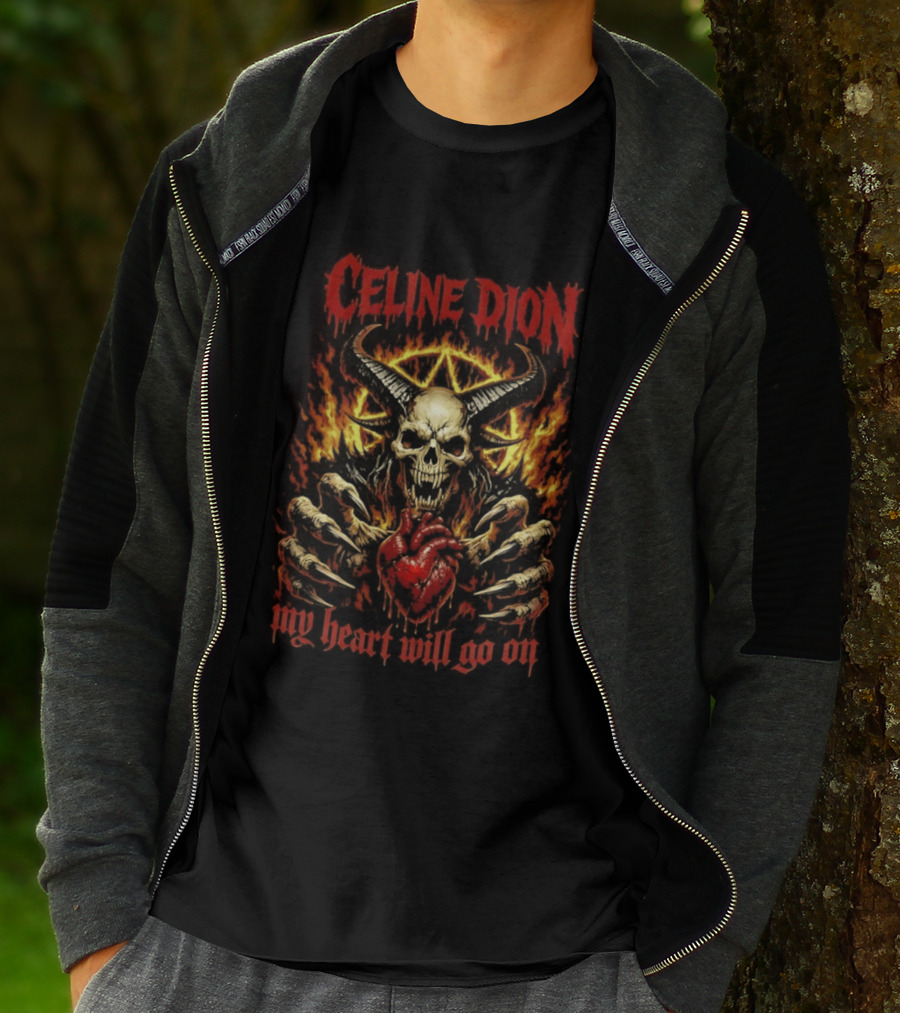 Celine Dion Death Metal My Heart Will Go On Fiery Skull T-Shirt