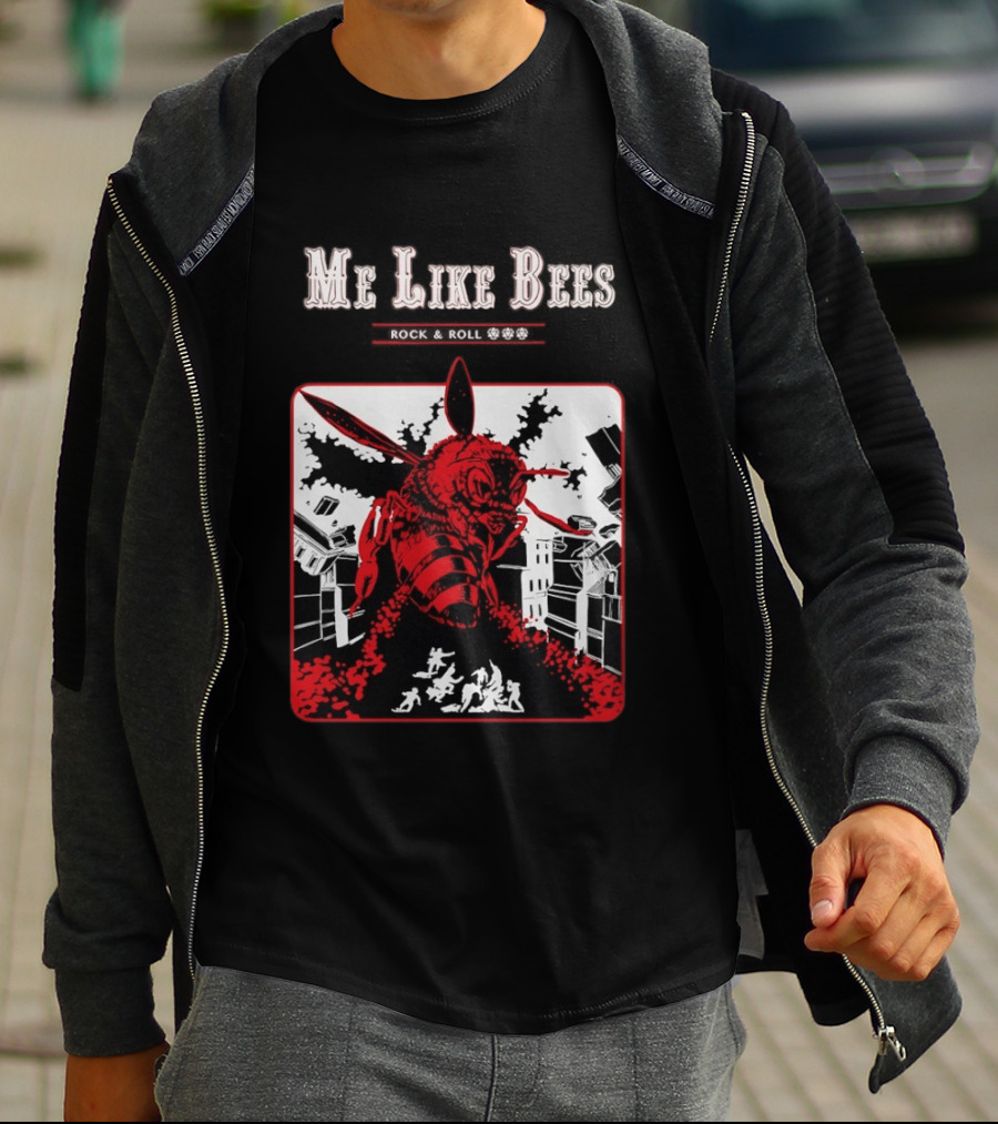 Me Like Bees Rock And Roll Urban Cartoon Style Destruction Scene T-Shirt