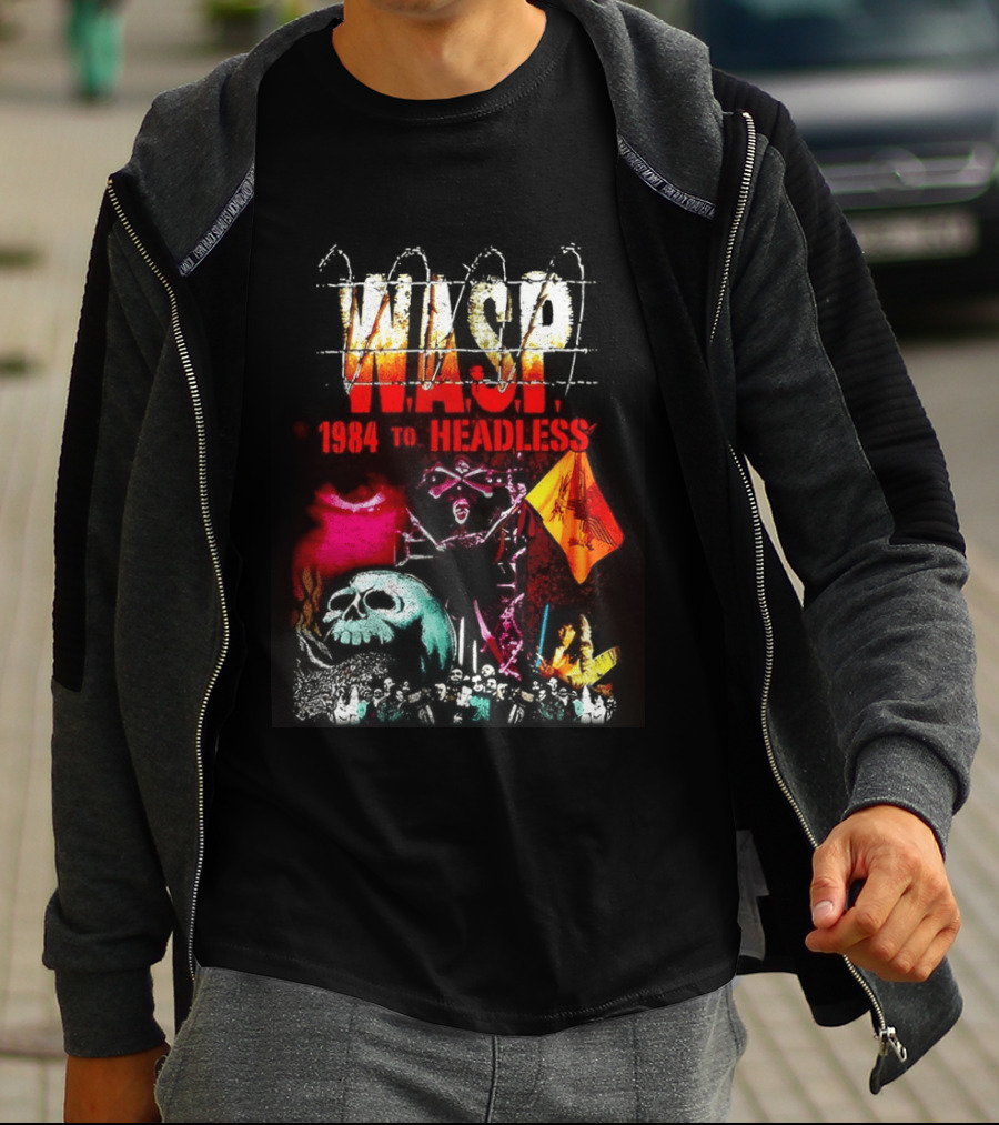 Wasp 1984 To Headless Flaming Logo Skull Crossbones Neon Skeletons T-Shirt