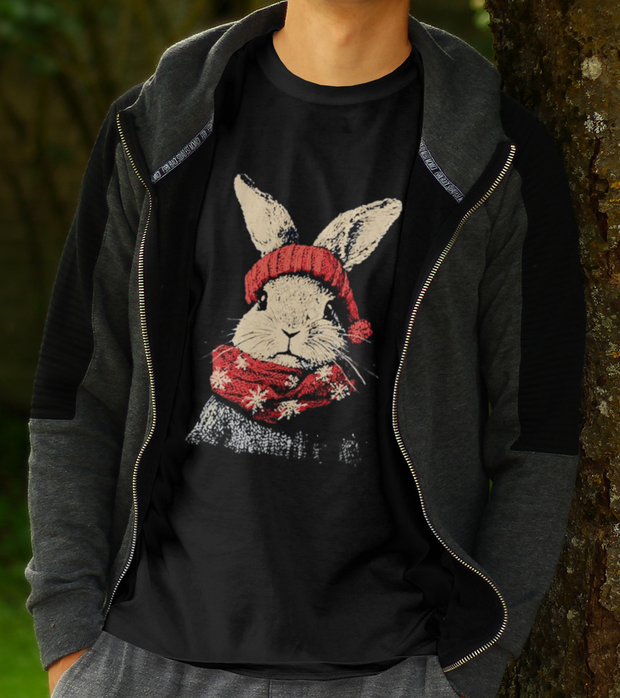 Bunny Rabbit In Red Knit Hat With Snowflake Scarf Winter T-Shirt
