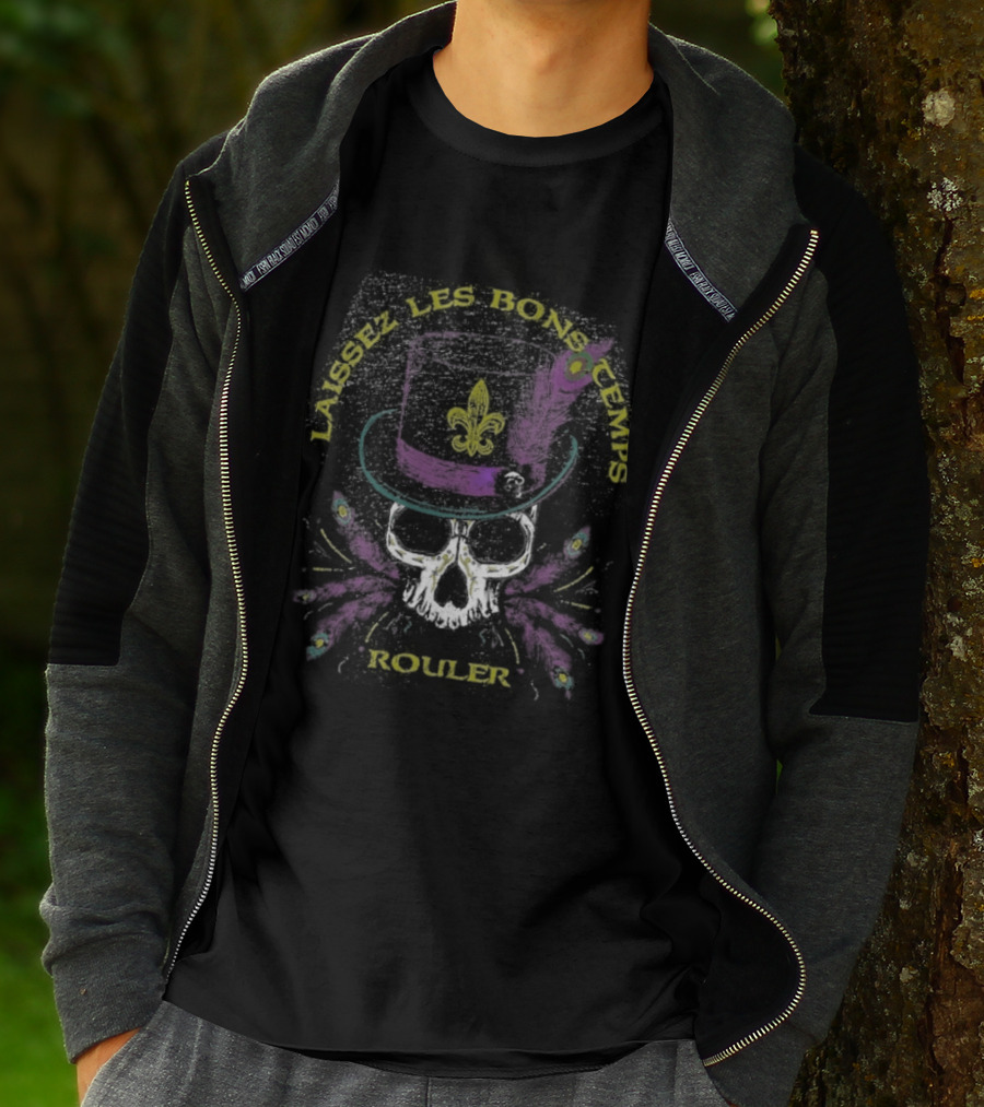 Let The Good Times Roller Skull New Orleans Feathered Hat Fleur De Lis T-Shirt
