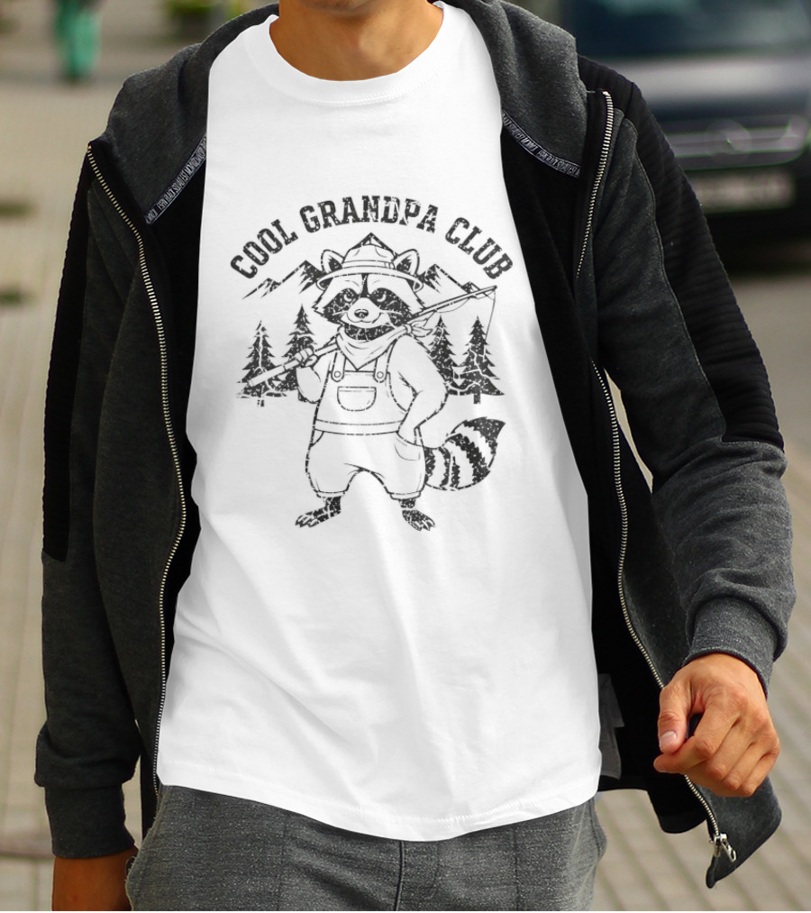 Cool Grandpa Club Raccoon With Fishing Rod And Mountain Trees T-Shirt
