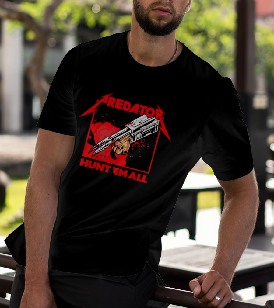 Hunt 'Em All With Iconic Predato Red Text And Weaponry T-Shirt